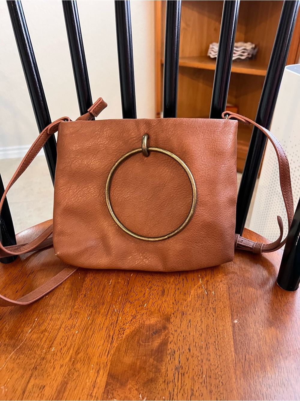 Women's Brown Leather Crossbody Bag with Decorative Brass Ring